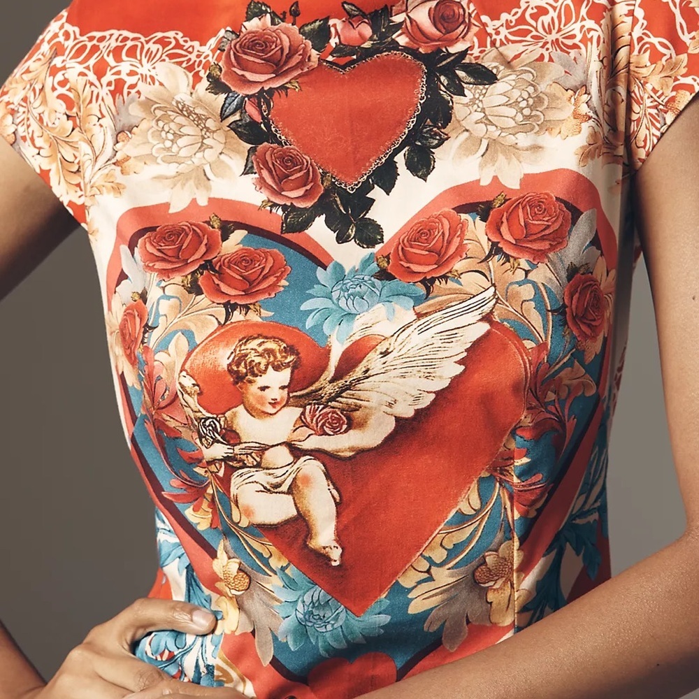 Anthropologie Maeve A line Mock Neck New Elegant Red and Blue Angel Print Dress - Picture 5 of 7